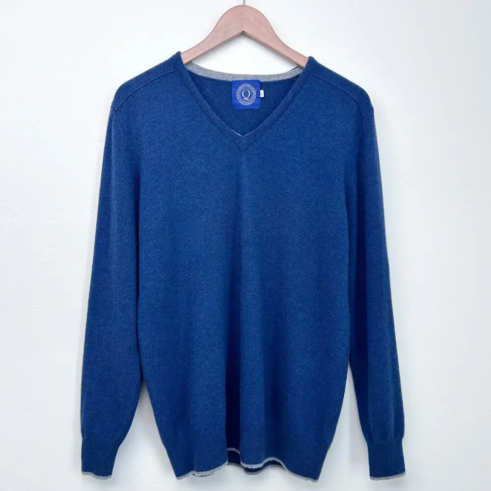 Purveyors Of Fine Menswear Q Clothier Wool Cashmere Blue V-Neck Sweater LARGE